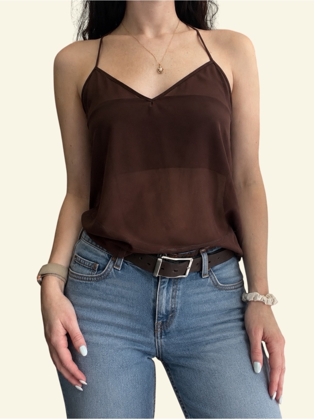 Y2K Sheer Brown Cami Top 90s Minimalist Chiffon Fairy Grunge Camisole Tank M
